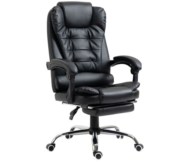 Homcom silla de oficina reclinable silla de escritorio con reposapiés silla ejecutiva giratoria con altura ajustable tapizada en pu y reposabrazos para estudio negro