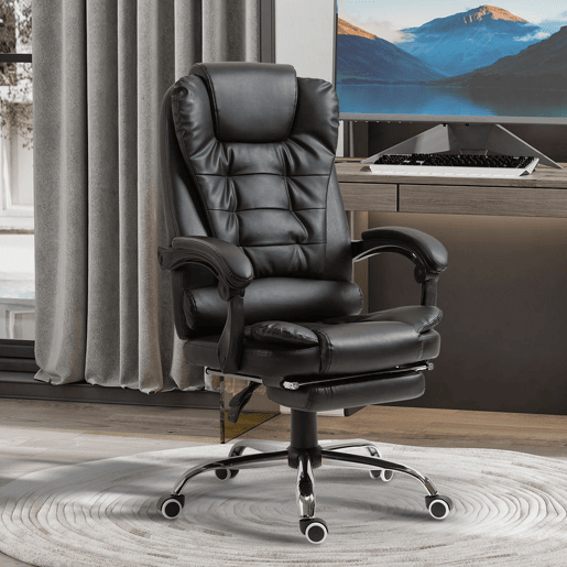 HOMCOM Cadeira de Escritório Reclinável Cadeira de Escritório com Apoio para os Pés Cadeira Executiva Giratória com Altura Ajustável Estofada em PU e Apoio para os Braços 64,5x69x109-117 cm Preto HOMCOM Cadeira de Escritório Reclinável Cadeira de Escritório com Apoio para os Pés Cadeira Executiva Giratória com Altura Ajustável Estofada em PU e Apoio para os Braços 64,5x69x109-117 cm Preto