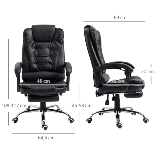 HOMCOM Cadeira de Escritório Reclinável Cadeira de Escritório com Apoio para os Pés Cadeira Executiva Giratória com Altura Ajustável Estofada em PU e Apoio para os Braços 64,5x69x109-117 cm Preto HOMCOM Cadeira de Escritório Reclinável Cadeira de Escritório com Apoio para os Pés Cadeira Executiva Giratória com Altura Ajustável Estofada em PU e Apoio para os Braços 64,5x69x109-117 cm Preto