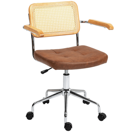 HOMCOM Cadeira de Escritório Giratória Cadeira de Escritório com Altura Ajustável Função Basculante e Encosto de Vime Sintético Cadeira de Estúdio Carga 120 kg 60x55,5x82-90 cm Marrom