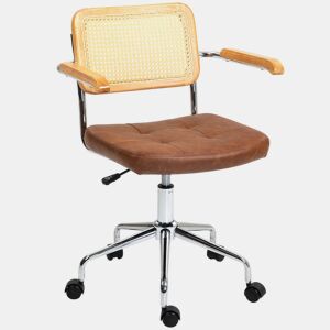 HOMCOM Cadeira de Escritório Giratória Cadeira de Escritório com Altura Ajustável Função Basculante e Encosto de Vime Sintético Cadeira de Estúdio Carga 120 kg 60x55,5x82-90 cm Marrom