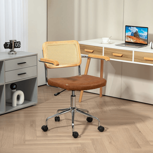 HOMCOM Cadeira de Escritório Giratória Cadeira de Escritório com Altura Ajustável Função Basculante e Encosto de Vime Sintético Cadeira de Estúdio Carga 120 kg 60x55,5x82-90 cm Marrom