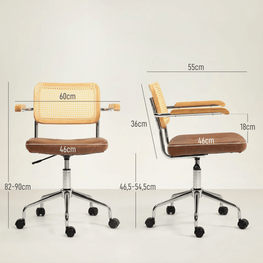 HOMCOM Cadeira de Escritório Giratória Cadeira de Escritório com Altura Ajustável Função Basculante e Encosto de Vime Sintético Cadeira de Estúdio Carga 120 kg 60x55,5x82-90 cm Marrom