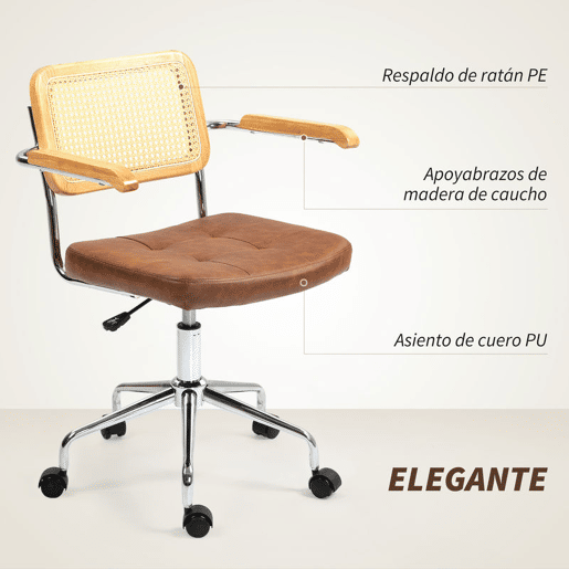 HOMCOM Cadeira de Escritório Giratória Cadeira de Escritório com Altura Ajustável Função Basculante e Encosto de Vime Sintético Cadeira de Estúdio Carga 120 kg 60x55,5x82-90 cm Marrom