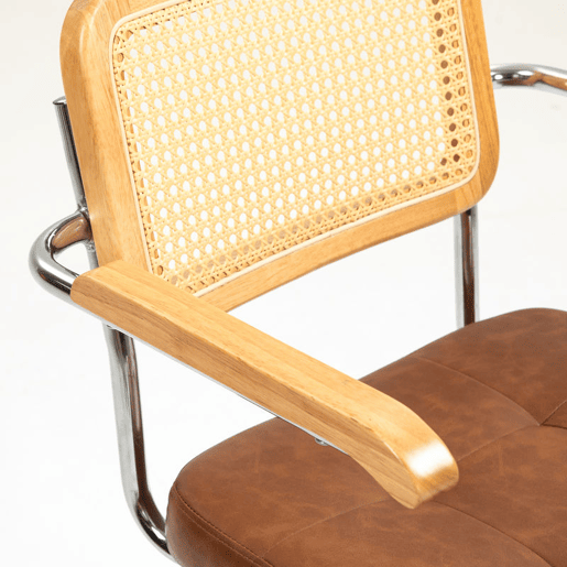 HOMCOM Cadeira de Escritório Giratória Cadeira de Escritório com Altura Ajustável Função Basculante e Encosto de Vime Sintético Cadeira de Estúdio Carga 120 kg 60x55,5x82-90 cm Marrom