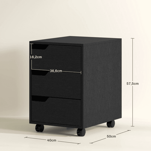 HOMCOM Bloco de Gavetas para Escritório Móvel de Escritório Bloco de Gavetas com 3 Gavetas e 4 Rodas 40x50x57,5 cm Preto