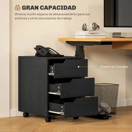 HOMCOM Bloco de Gavetas para Escritório Móvel de Escritório Bloco de Gavetas com 3 Gavetas e 4 Rodas 40x50x57,5 cm Preto