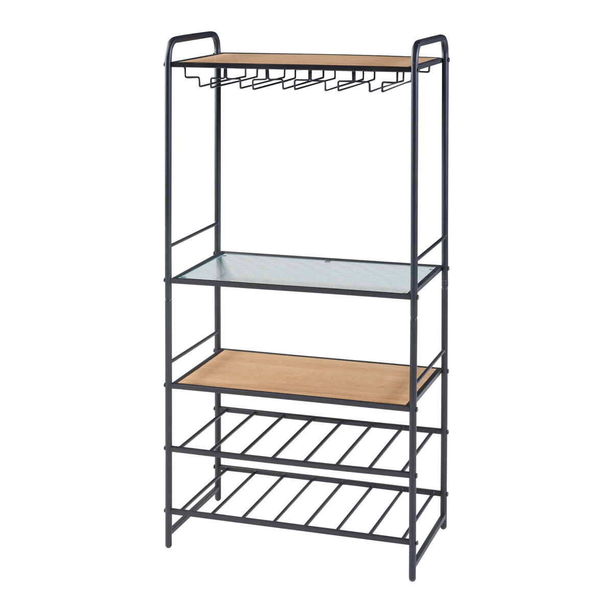 Estantería de vino hustadvika con portavasos metal mdf 120x61x33 cm - negro/roble [en.casa]