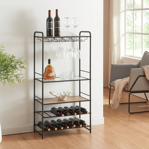 Prateleira para vinhos Hustadvika com porta-copos em metal MDF 120x61x33 cm - PretoCarvalho en.casa