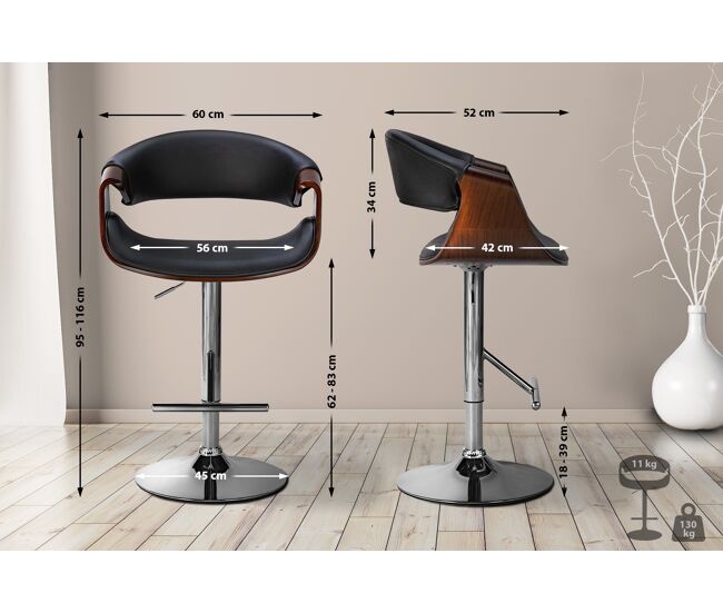 Set de 2 taburetes de bar foley en polipiel simil cuero nogal/negro 52x60x95 cm