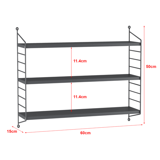 Estante de parede Strängnäs 3 níveis regulável em altura, aço 50 x 60 x 15 cm - cinzento escuro en.casa