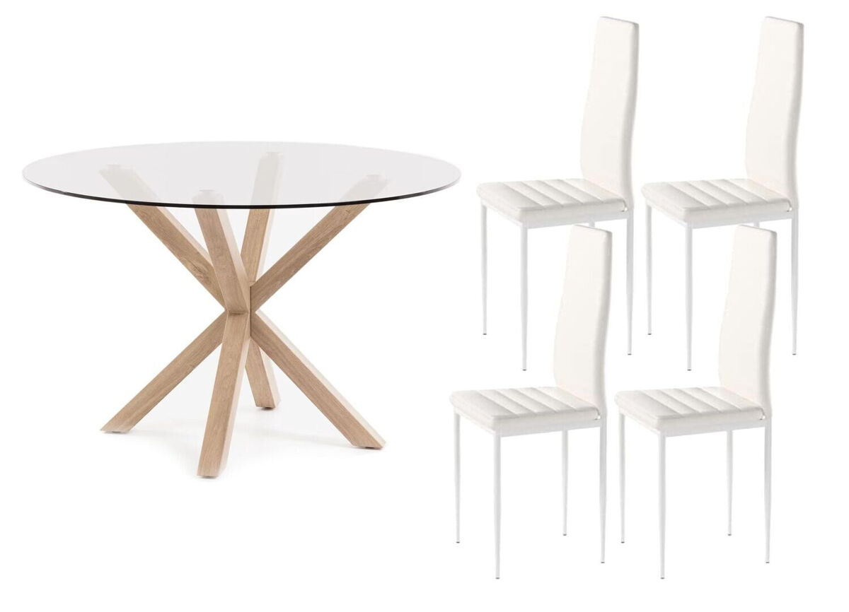 Pack mesa redonda de cristal templado + sillas polipiel/metal
