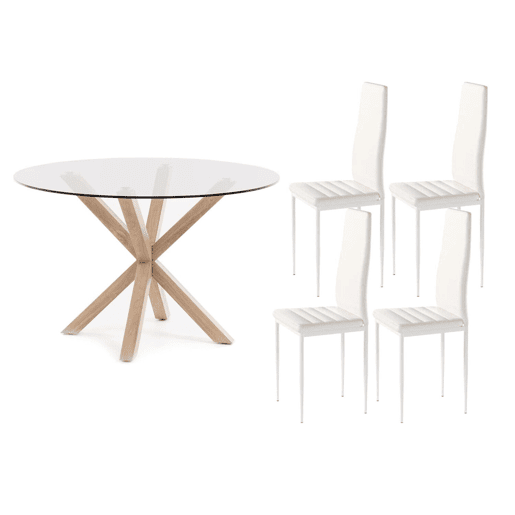 Pacote de mesa redonda de vidro temperado + cadeiras de couro sintéticometal Pacote de mesa redonda de vidro temperado + cadeiras de couro sintéticometal