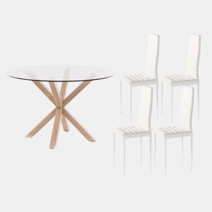Pacote de mesa redonda de vidro temperado + cadeiras de couro sintéticometal