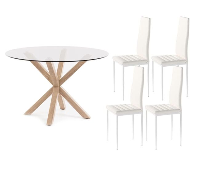 Pack mesa redonda de cristal templado + sillas polipiel/metal
