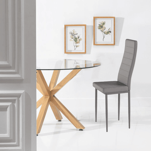 Pacote de mesa redonda de vidro temperado + cadeiras de couro sintéticometal Pacote de mesa redonda de vidro temperado + cadeiras de couro sintéticometal