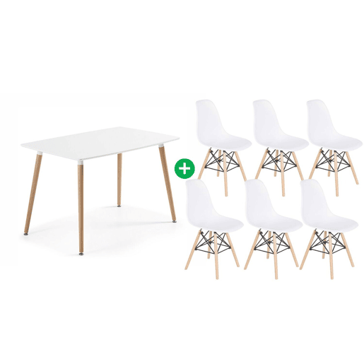 Pacote de mesa retangular nórdica + 6 cadeiras brancas estilo nórdico Pacote de mesa retangular nórdica + 6 cadeiras brancas estilo nórdico