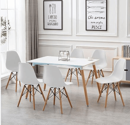 Pacote de mesa retangular nórdica + 6 cadeiras brancas estilo nórdico Pacote de mesa retangular nórdica + 6 cadeiras brancas estilo nórdico