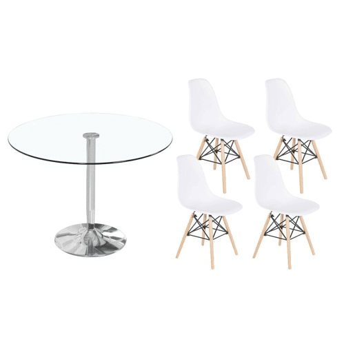 Pack Mesa Redonda de Vidro Temperado + 4 Cadeiras Brancas Estilo NĂ³rdico Pack Mesa Redonda de Vidro Temperado + 4 Cadeiras Brancas Estilo NĂ³rdico