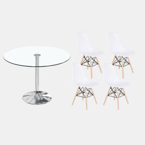 Pack Mesa Redonda de Vidro Temperado + 4 Cadeiras Brancas Estilo Nórdico