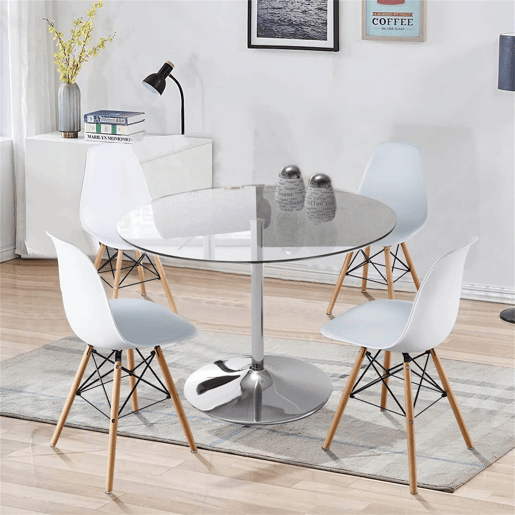 Pack Mesa Redonda de Vidro Temperado + 4 Cadeiras Brancas Estilo NĂ³rdico Pack Mesa Redonda de Vidro Temperado + 4 Cadeiras Brancas Estilo NĂ³rdico