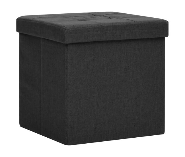 Vidaxl taburete con almacenaje plegable lino sintético negro