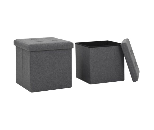 Vidaxl taburetes almacenaje plegables 2 uds lino sintético gris oscuro