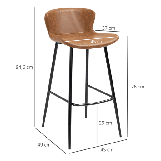 HOMCOM Conjunto de 2 Bancos Altos de Cozinha Bancos Altos de Cozinha com Encosto Estofado em PU Carga 120 kg para Bar Sala de Jantar 45x49x94,6 cm Marrom