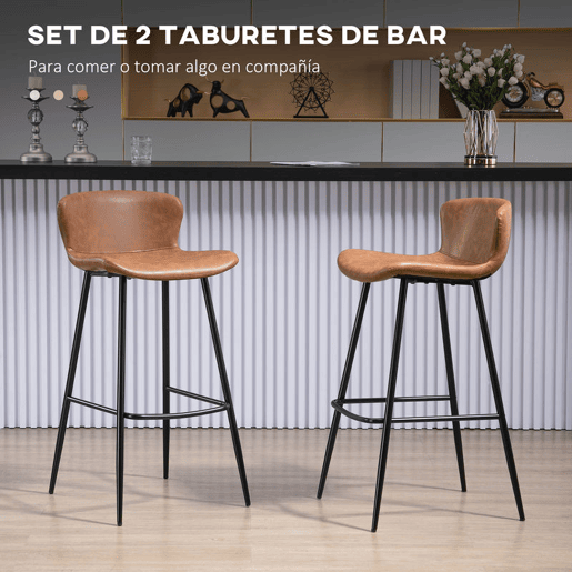 HOMCOM Conjunto de 2 Bancos Altos de Cozinha Bancos Altos de Cozinha com Encosto Estofado em PU Carga 120 kg para Bar Sala de Jantar 45x49x94,6 cm Marrom