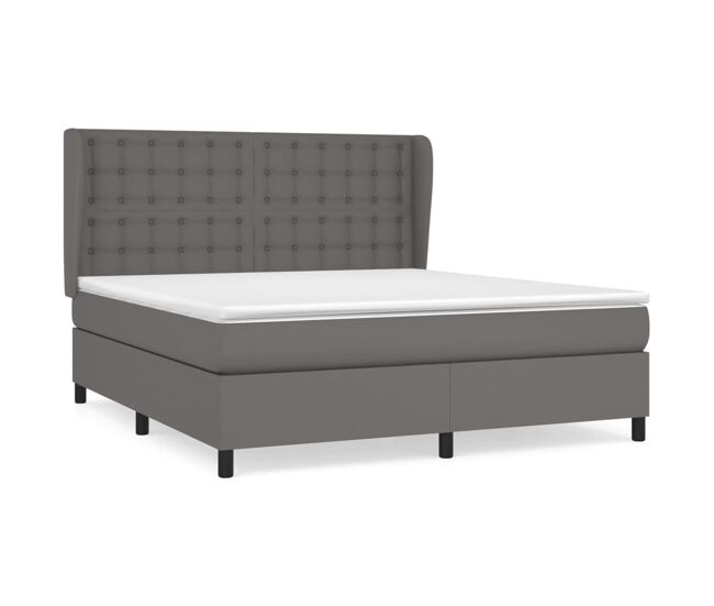 Cama box spring con colchón cuero sintético gris 160x200 cm botones