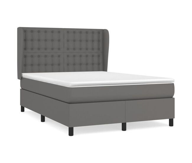 Cama box spring con colchón cuero sintético gris 140x190 cm botones
