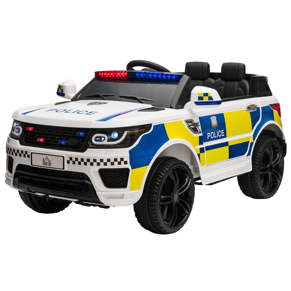 Homcom coche eléctrico para niños de +3 años carro eléctrico infantil de policía coche de batería 12v con suspensión de muelle mando a distancia bluetooth luz usb sirena blanco