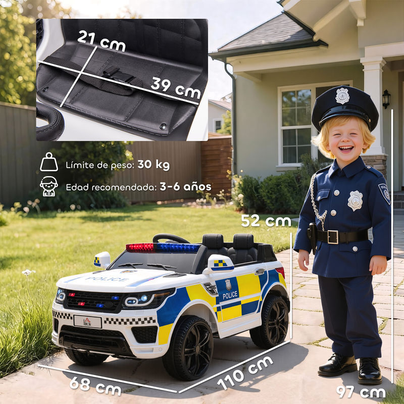 HOMCOM Coche Eléctrico De Policía Para Niños +3 Años – Batería 12V, Mando A Distancia, Bluetooth, Sirena Y Luces, Blanco