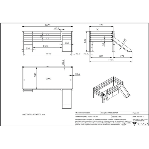 Cama loft PINO LB005 90x200 cm Cinzento Cama loft PINO LB005 90x200 cm Cinzento