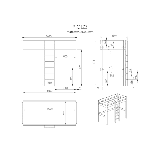 Cama loft PINO LB005 90x200 cm Cinzento