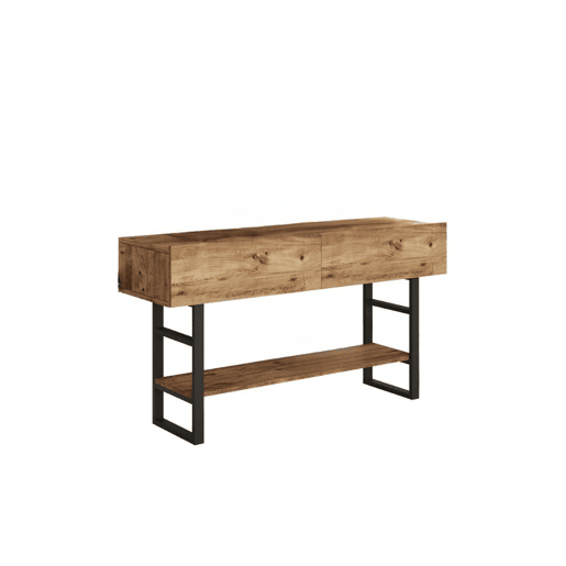 Mesa de consola IRON, em madeira natural, de estilo moderno, com 76x139x43 cm, 2 portas e 3 prateleiras