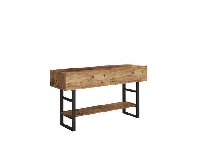 Consola iron, color madera natural, estilo moderno, medidas 76x139x43 cm, 2 puertas y 3 estantes
