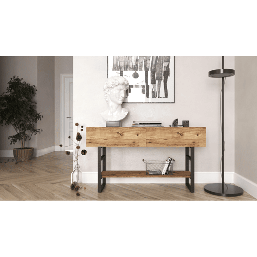 Mesa de consola IRON, em madeira natural, de estilo moderno, com 76x139x43 cm, 2 portas e 3 prateleiras