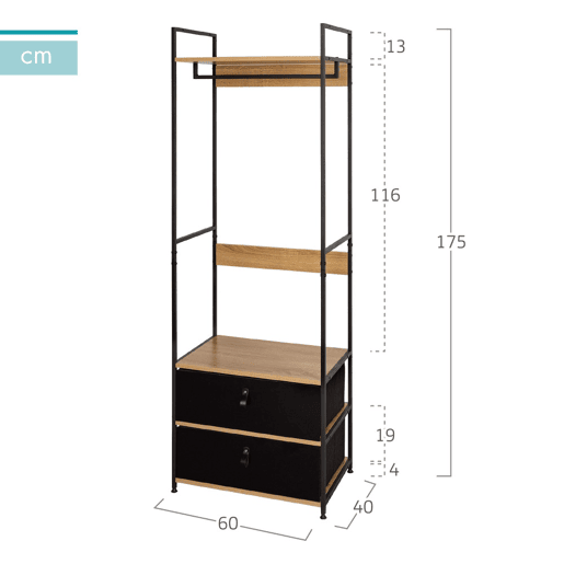 Max Home Armário aberto em madeira e aço 2 gavetas para tecido 60x40x175 cm