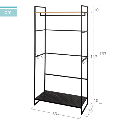 Max Home Armário aberto em madeira e aço 2 prateleiras 83x39x167 cm