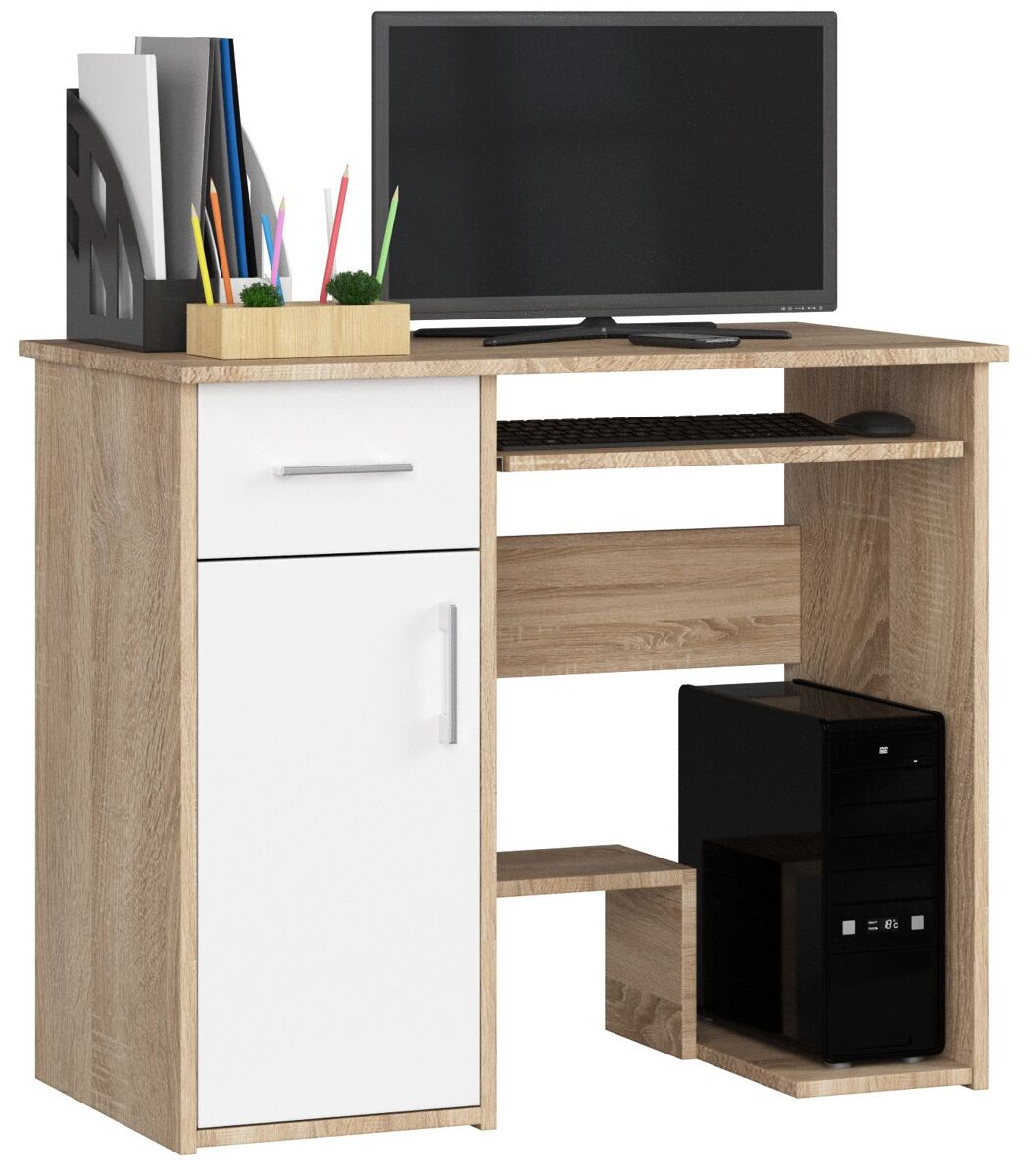 Escritorio de ordenador akord jay roble sonoma 90 cm 1 puerta 1 cajón color blanco mate 3 estantes 90x50x74 cm