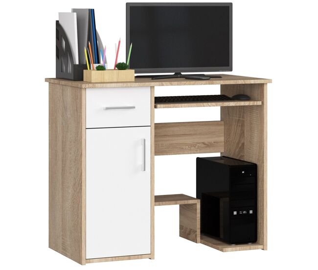 Escritorio de ordenador akord jay roble sonoma 90 cm 1 puerta 1 cajón color blanco mate 3 estantes 90x50x74 cm