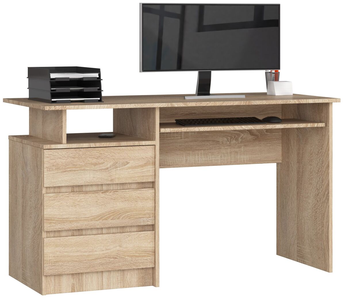 Escritorio akord clp roble sonoma 135 cm 3 cajones frente en color roble sonoma 2 estantes 135x60x77 cm