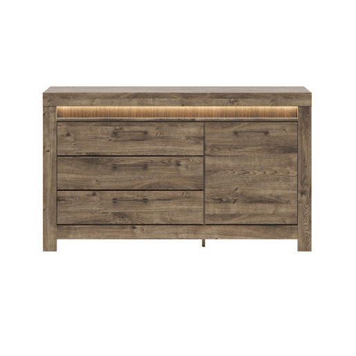 Aparador Amaury Wood de 1 porta com 3 gavetas LED incluída