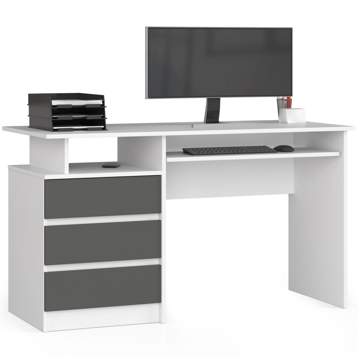 Escritorio CLP 135cm AKORD 3 cajones 2 estantes 135x60 Blanco/ Gris