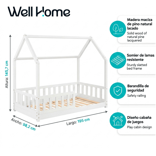 WellHome Cama infantil cabine de pinho lacada em BRANCO 90x190cm