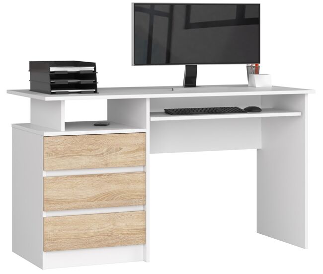 Escritorio akord clp blanco 135 cm 3 cajones frente en color roble sonoma 2 estantes 135x60x77 cm