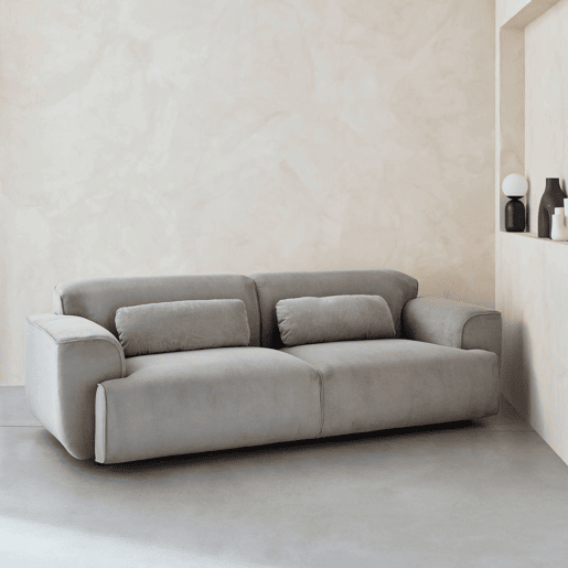 Sofá de 3 lugares, tecido de veludo cotelê cinzento claro, 2 almofadas amovíveis, Wallas L 230 x P 98 x A 73cm