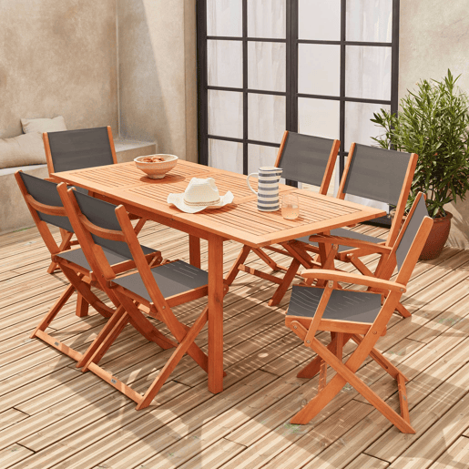 Mesa de jardim extensível em madeira, 6 cadeiras, Almeria 6, Madeira, 240x100x75 cm