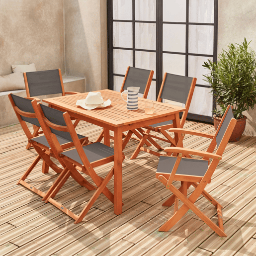 Mesa de jardim extensível em madeira, 6 cadeiras, Almeria 6, Madeira, 240x100x75 cm